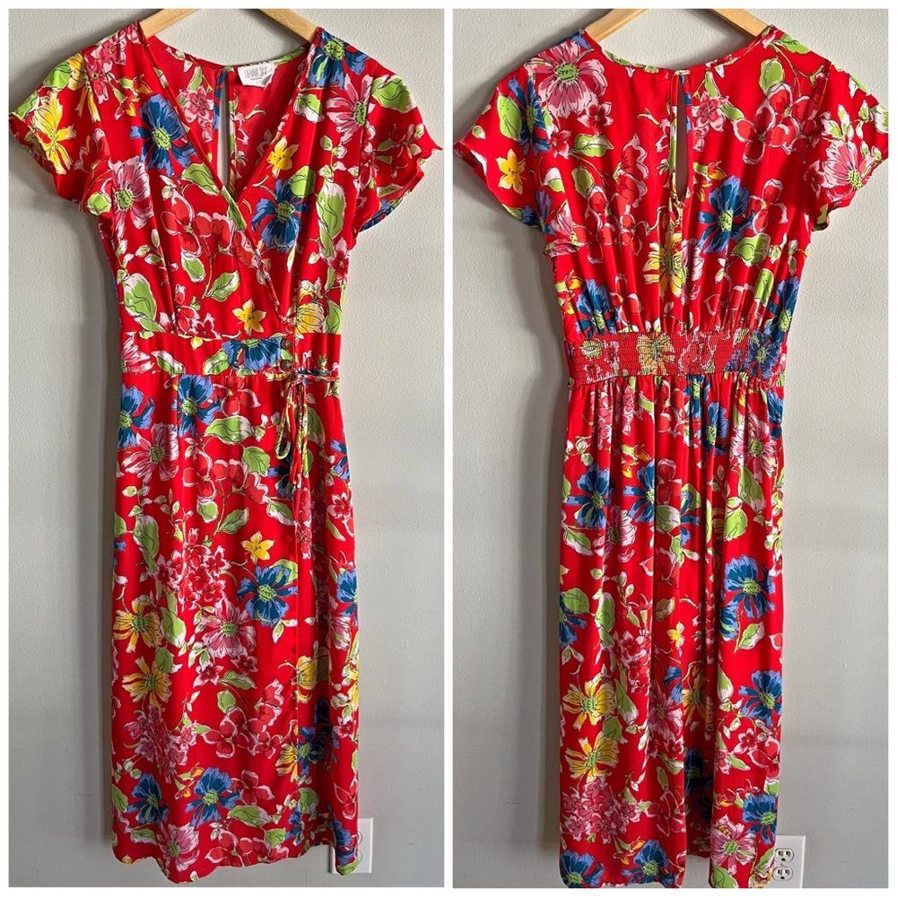 Sienna Sky Red Floral Midi Dress Surplice V Neck Side Tie Boho Large